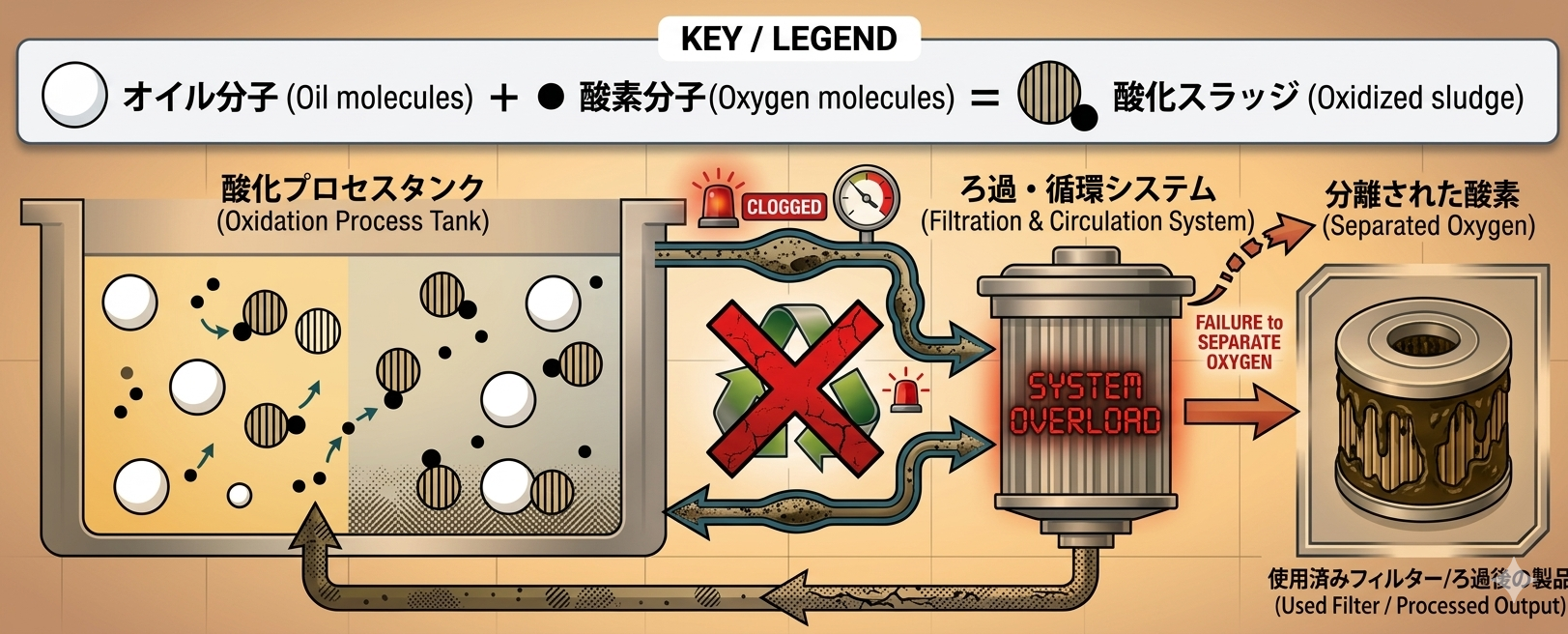 一般他社濾過装置：オイル分子・酸素分子・酸化スラッジの図解
