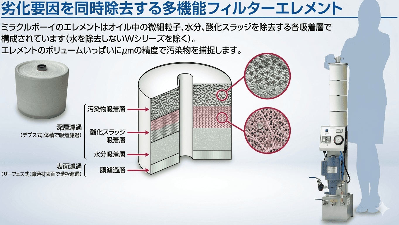 多機能フィルターエレメントの構造図（深層濾過：汚染物吸着層／酸化スラッジ吸着層／水分吸着層、表面濾過：膜濾過層）